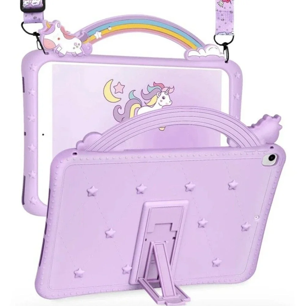 For Kids Tablets Size 10.2 & 10.5 Purple Unicorn Silicone Case w/ Shoulder Strap